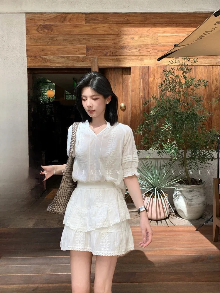 

Ele V-ne irt with Lace Trim Heavy Work Puffy Skirt Faionable Artistic Sle Women's Spring Summer Outfit Set