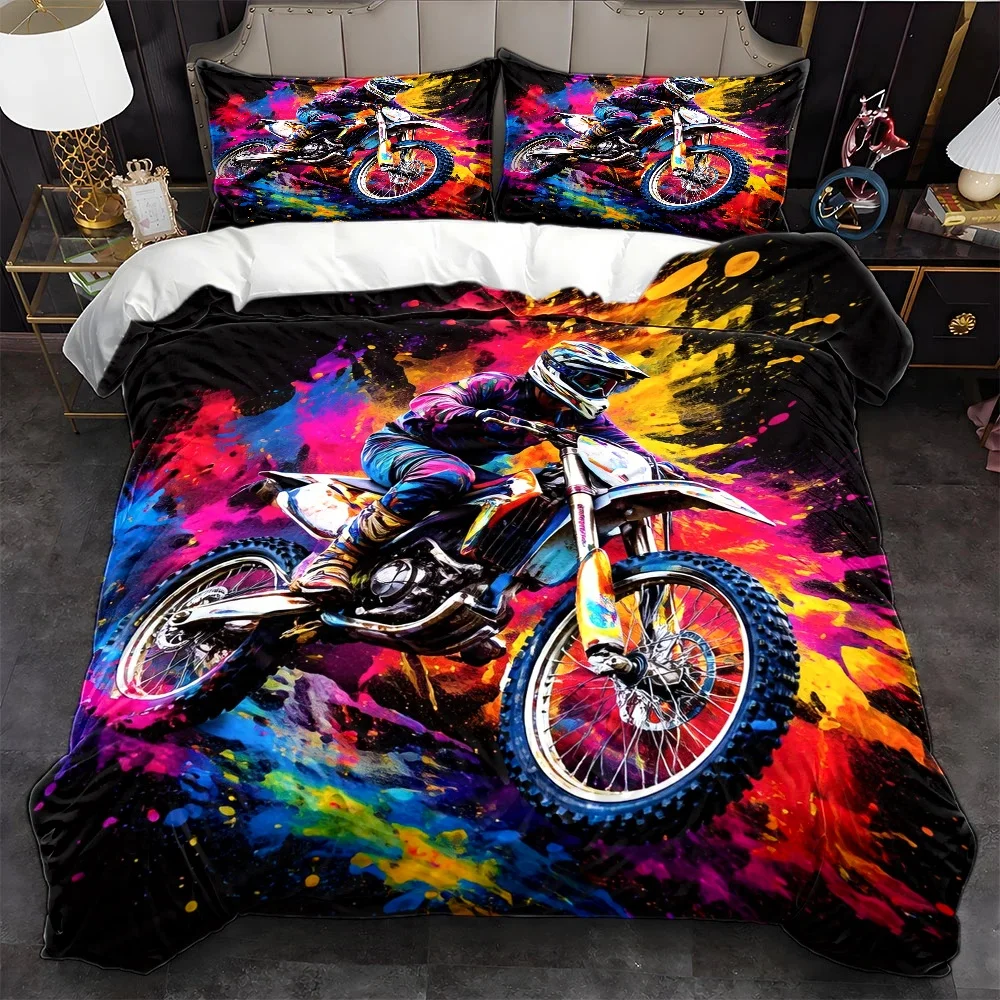 3Pc Cool Off-Road Motorcycle Ink-Splash Art Duvet Cover Set, Three-Piece Bedding Set (1*Duvet Cover + 2*Pillowcases), Suitable for All Seasons, Machine Washable, Hidden Zipper Design, Large Double Bed Cover, Universal for Home, Dorm, Master Bedroom, Guest Room, Personalized Trendy Bedding, Popular Bedding Set, Creative Colorful Motorcycle-Themed Duvet Cover, Wear-Resistant and Skin-Friendly Bedding, Fashionable Bedroom Decor Bedding Set, 2D Flat Print