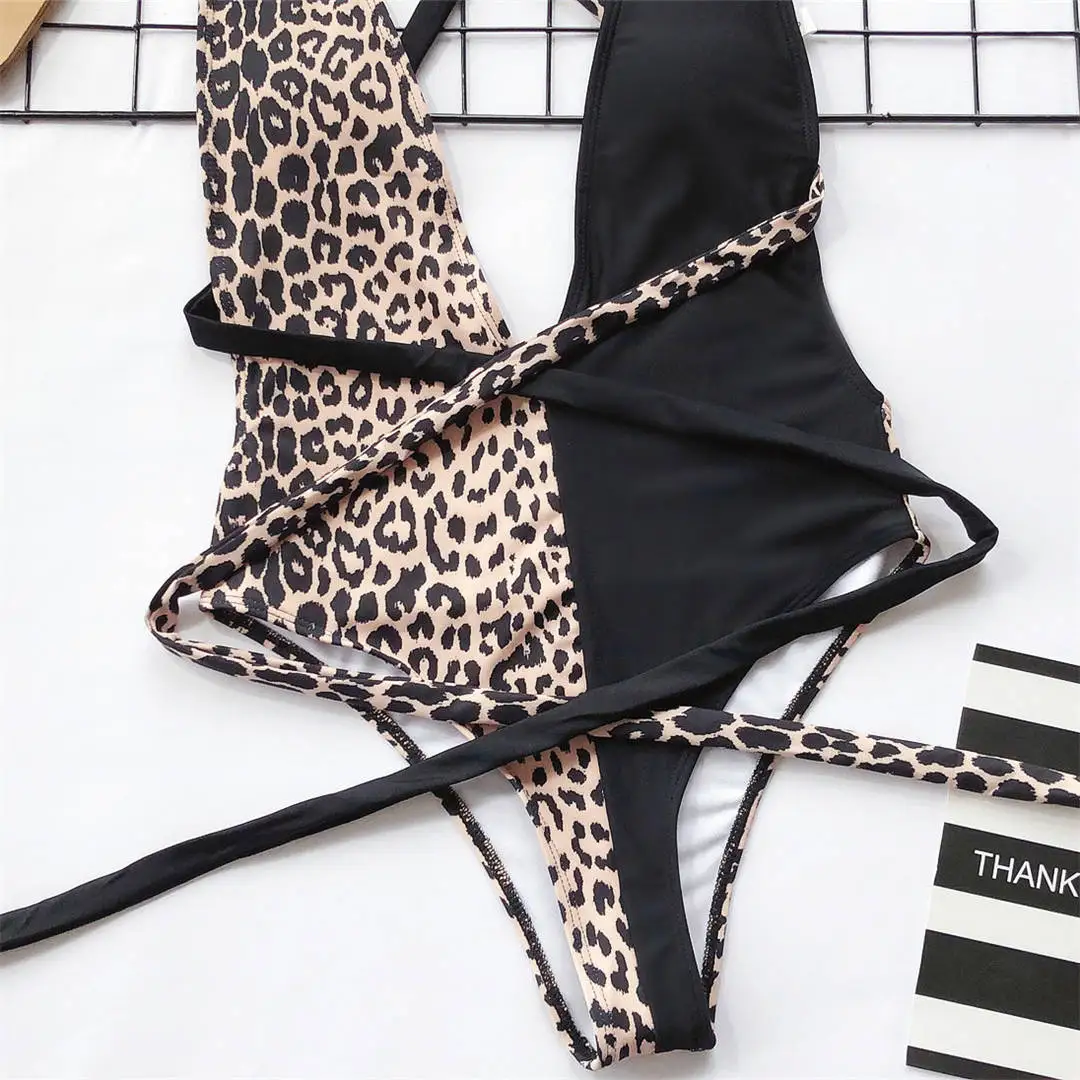 Leopard V-Ausschnitt DIY Wickel-Badeanzug, einteiliger Badeanzug für Damen, Badebekleidung, Leopardenmuster, hoch geschnittener Badeanzug, Monokini V742 – Detail 23