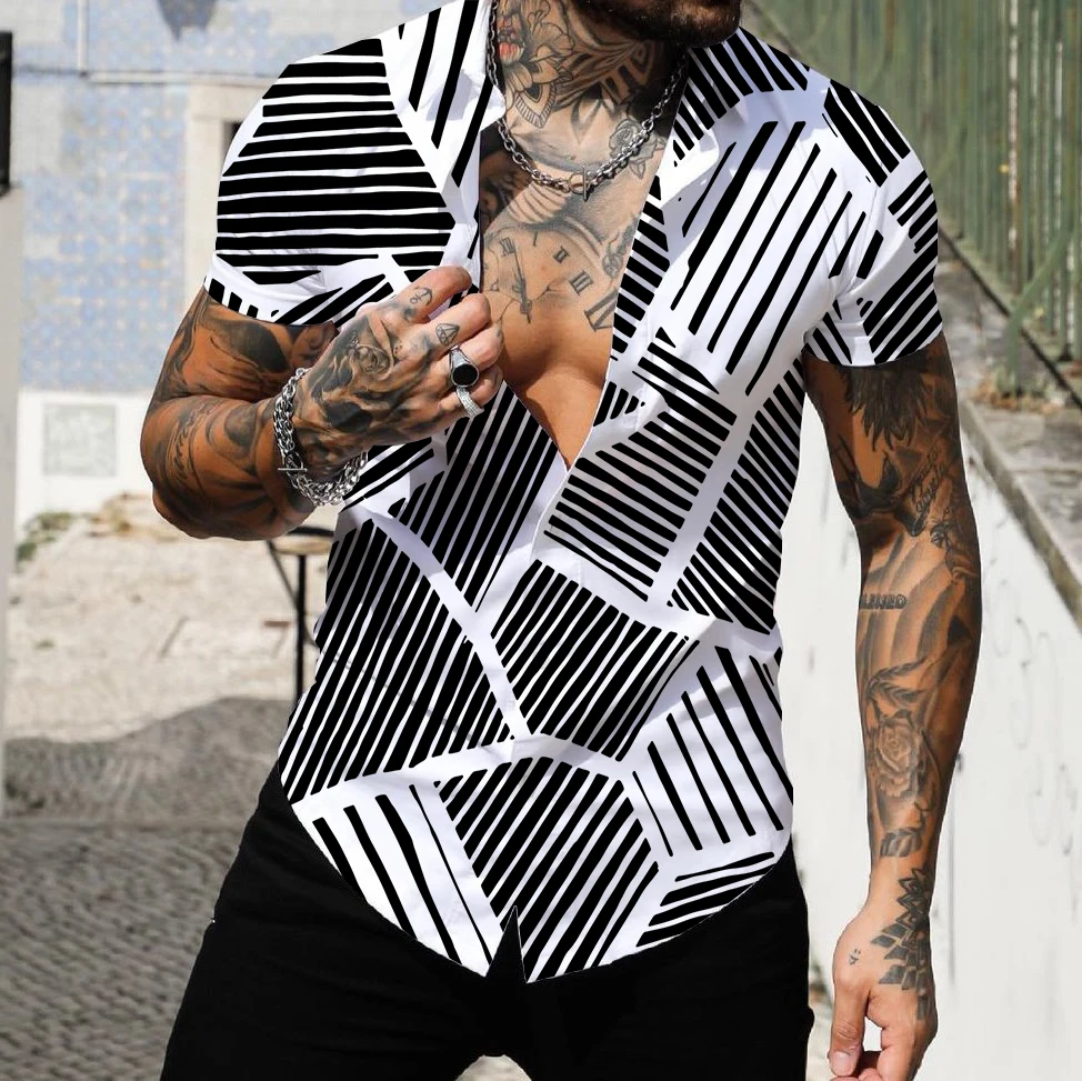 Camisa havaiana de manga curta masculina, tops de lapela, streetwear, impressão 3D, listrada, patchwork, roupas masculinas, moda praia, 2022