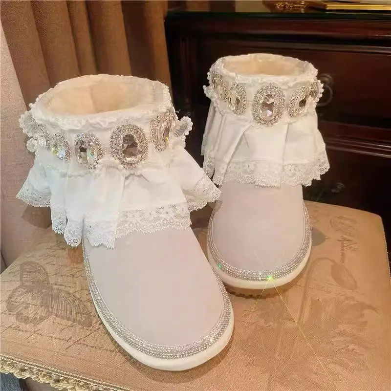 Handcrafted custom-made rhinestone lace beaded snow boots, large-sized fur integrated thickened women's cotton shoes 34-39