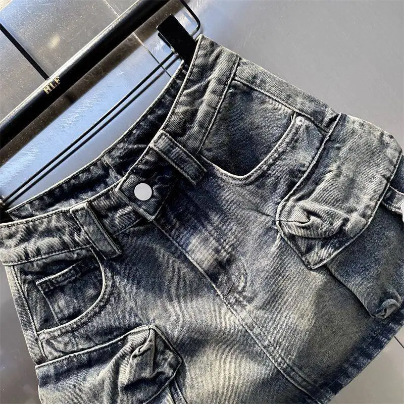 European Style Mini Skirt For Women High Waist Washed Cargo Loose Fit Denim Skirts Summer Casual Slim Fit Streetwear Skirt
