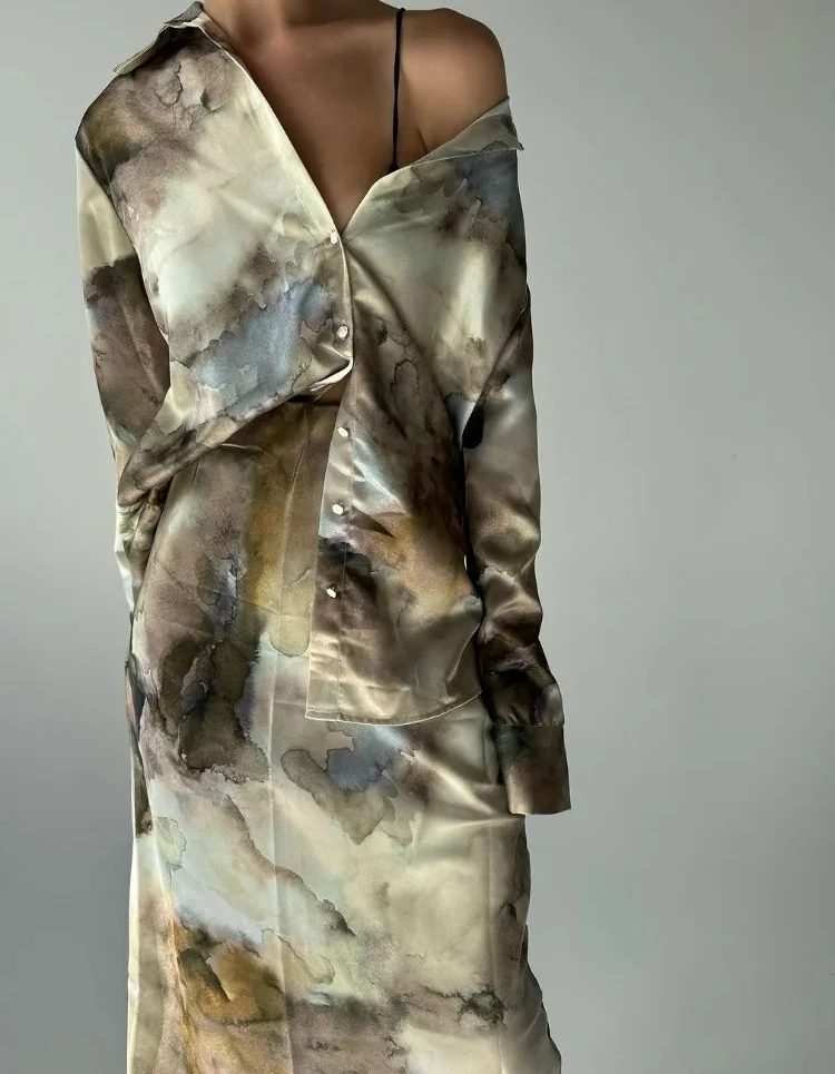 

Женский шикарный комплект с длинной юбкой с принтом тай-дай, однобортный свободный костюм-рубашка с длинными рукавами и лацканами с v-образным вырезом, женская весенне-осенняя одежда