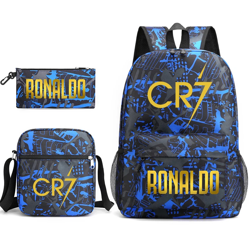 Ronaldo impresso conjunto de mochila infantil estudante saco de escola bolsa de ombro estojo de lápis conjunto de 3 peças universal para meninos e meninas