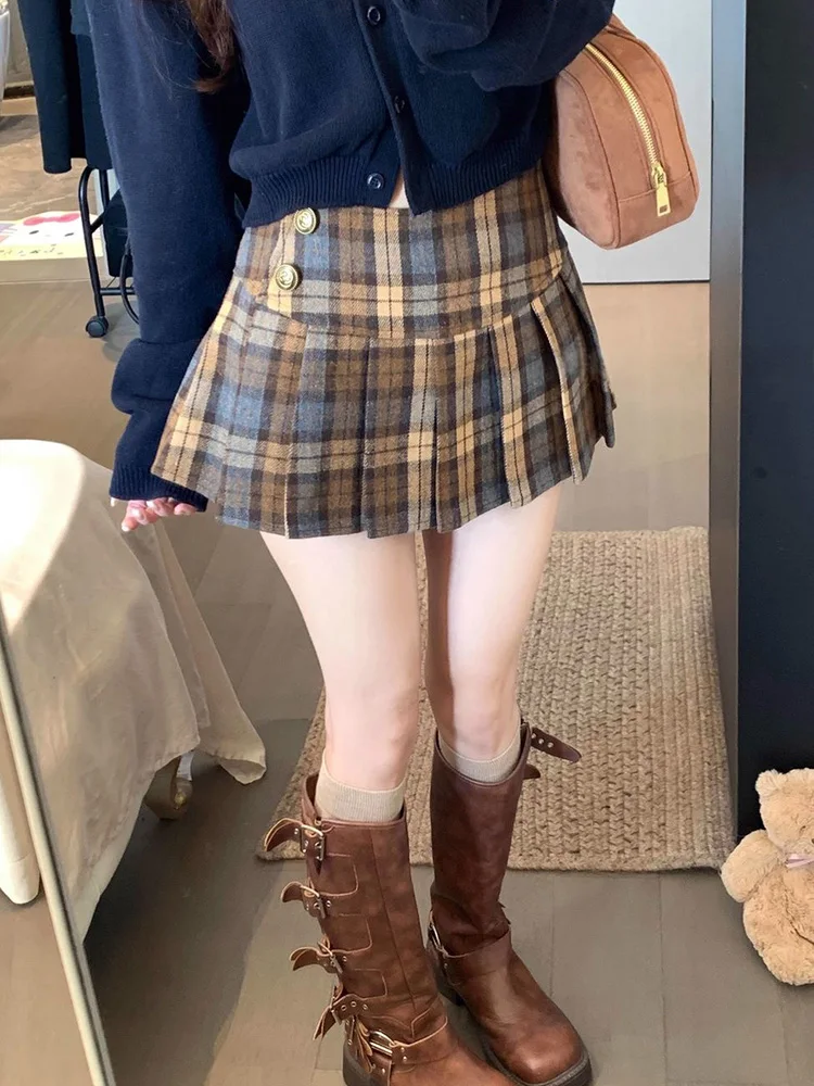 

Милая клетчатая юбка из искусственной шерсти для женщин с высокой талией, тонкие сексуальные мини-плиссированные юбки, осень-зима, корейский консервативный стиль, женская элегантная юбка