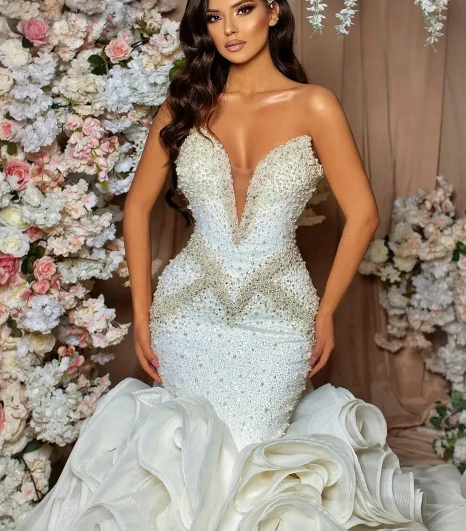 Vestido De novia Sexy 2025 sirena sin tirantes con volantes tren largo con cuentas diamantes vestidos De novia De lujo Vestido De novia Robe Mariage