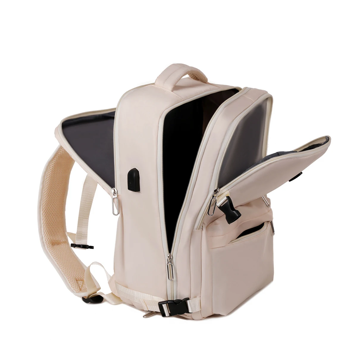 حقيبة ظهر احترافية لتدفق الهواء بمنفذ شحن USB وسحابات أمان مزدوجة ومقصورة كمبيوتر محمول أكسفورد متعددة الأقسام للسفر