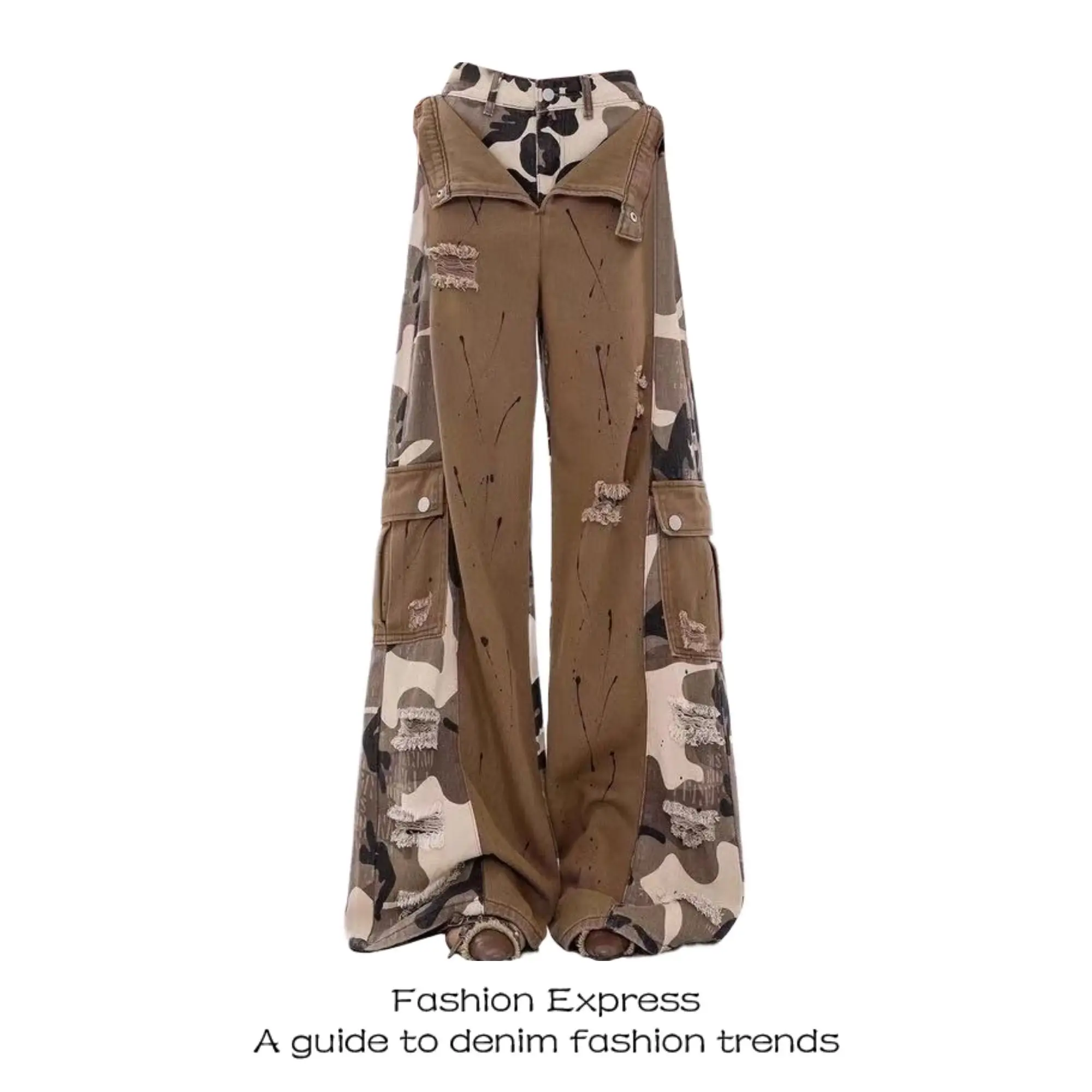 

Fake Two-Piece Patchwork Jeans for Women Autumn Camouflage Workwear Unique Trendy Wide-Leg Pants