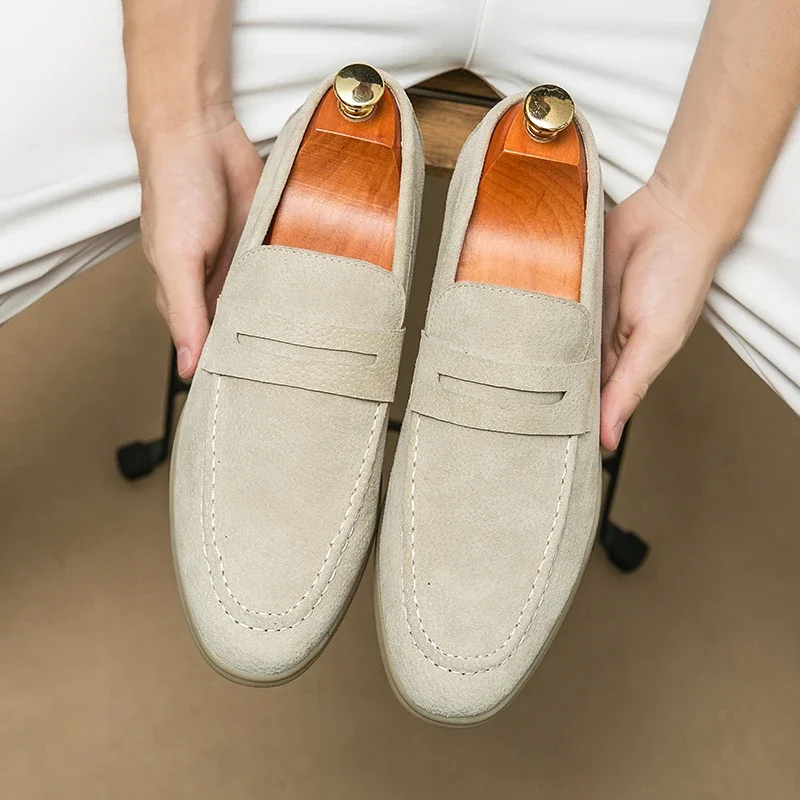 Britain Retro Men Pointed Suede Flats Genuine Leather Shoes Man Casual Penny Loafers Formal Dress Footwear Shoes for Men