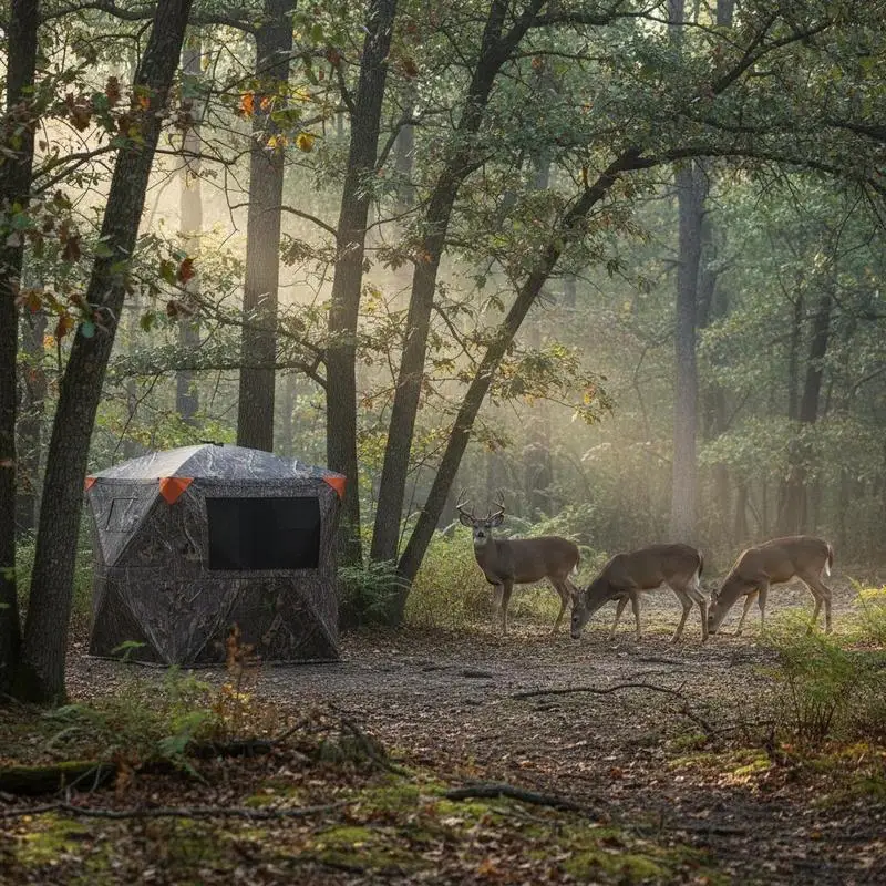 

Ground Stealth Shelter 58x58x66 Inches For Deer Hunting Turkey Hunting Bowhunting, 270 Degree One-Way Mesh Pop Up Hub Portable Carrying Bag Silent Window Resilient Camouflage Fabric Large Viewing Angle Outdoor Concealment Tent 2-3 Person Capacity