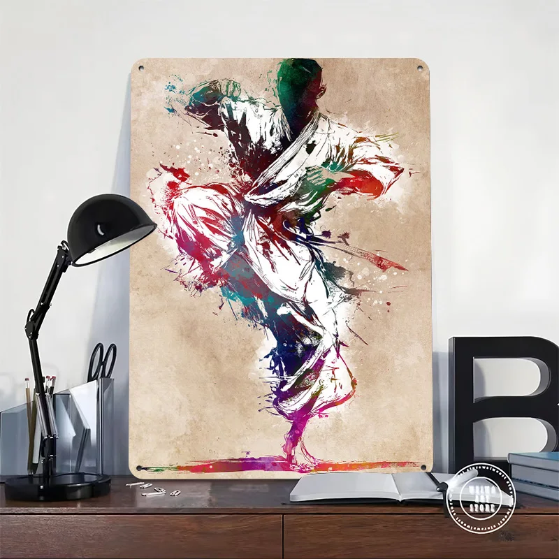 Karate Kick Watercolor Art 3D Texture Printed Poster Custom Vintage Metal Tin Plate Sign for Wall Art Home Decor Accessories