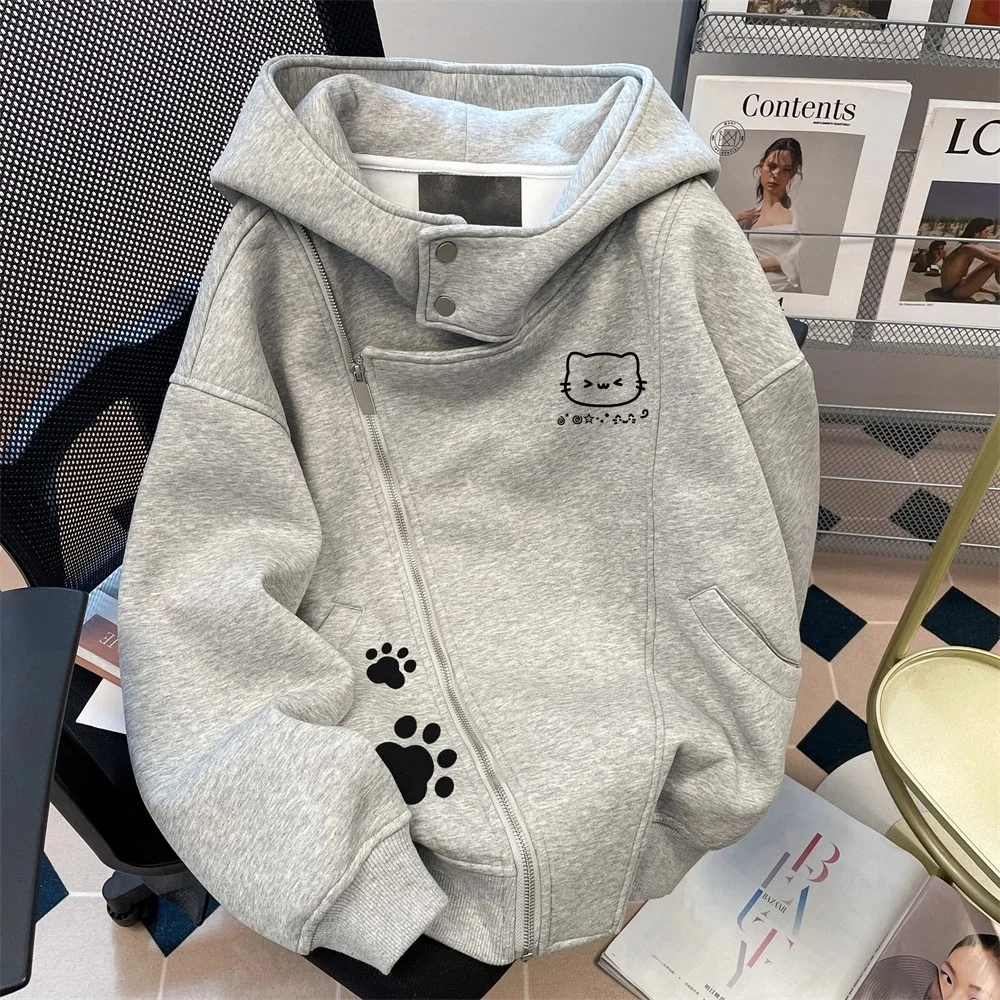 

Утепленная флисовая толстовка-кардиган унисекс больших размеров с принтом, капюшоном и молнией, в корейском стиле, осенне-зимняя, деконструированная модель