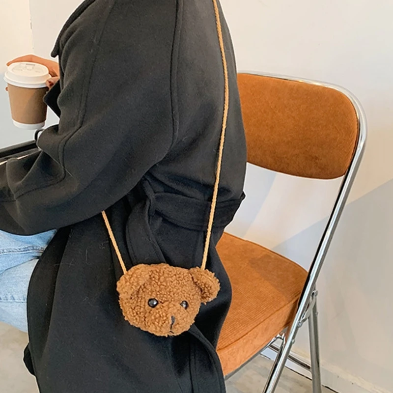 Cute White Brown Plush Bear Head Zipper Purse Small Size Women Messenger Bag Single-Shoulder Bag for Teenager Girl Birthday Gift