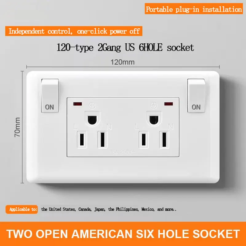 US Concealed Switch Socket 15A 2Gang Control US Three-Pin 120-Type Plug-In American Six-Hole for Electrical Wiring Power Socket
