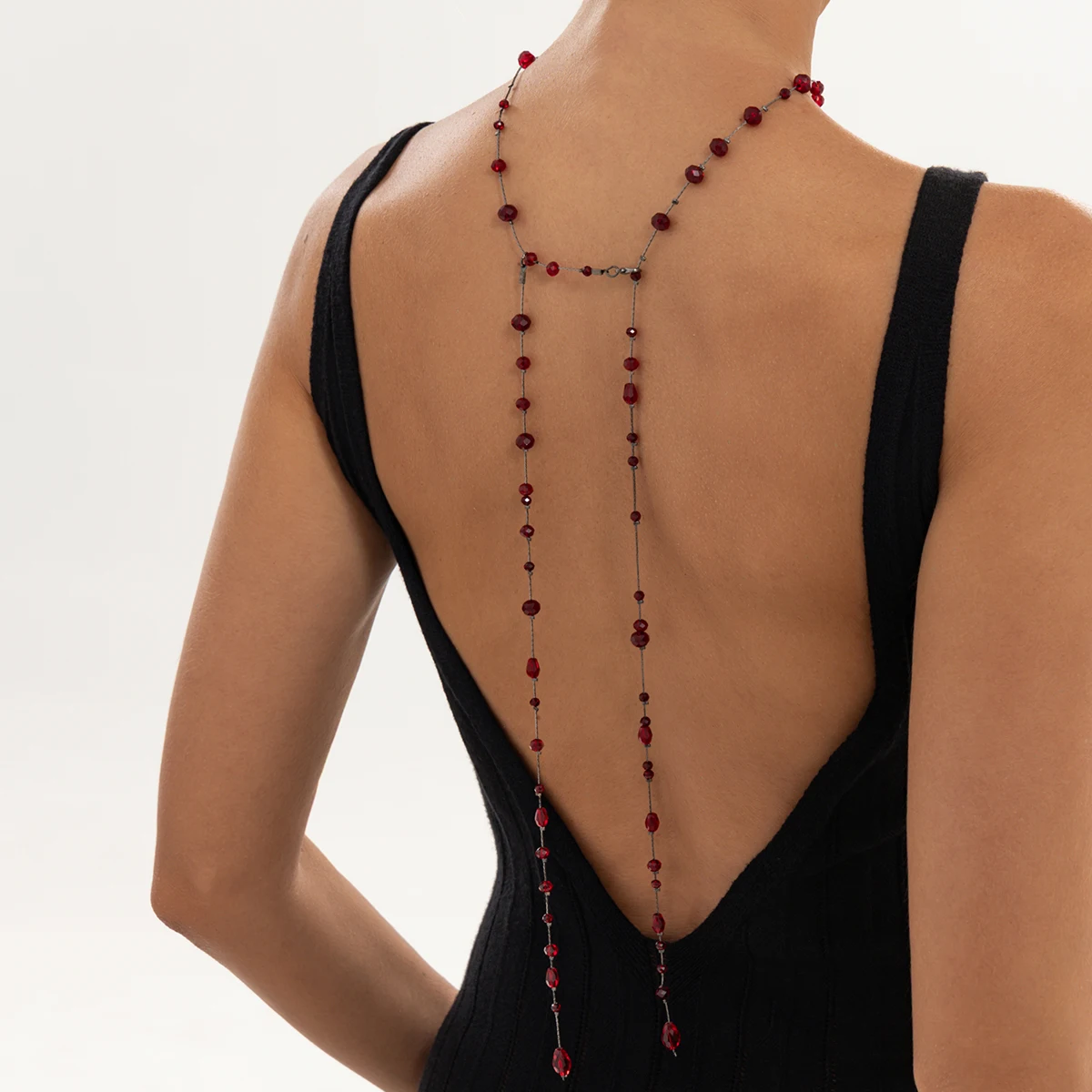 Ingemark Vintage Rot-Schwarze Kristall-Langkette mit Anhänger für Damen, Gothic Halloween Halsketten, Sexy Körperschmuck Accessoires – Detail 5