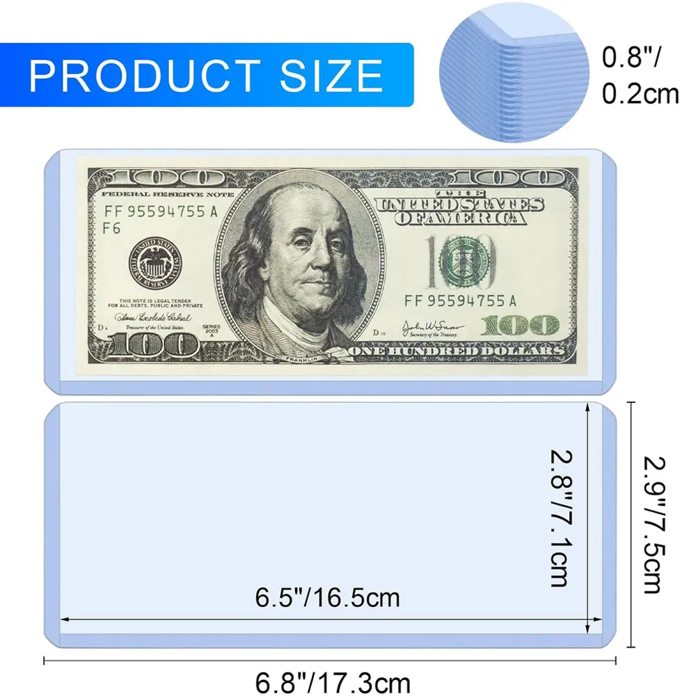 10-piece transparent banknote sleeve, made of PVC, suitable for regular banknotes