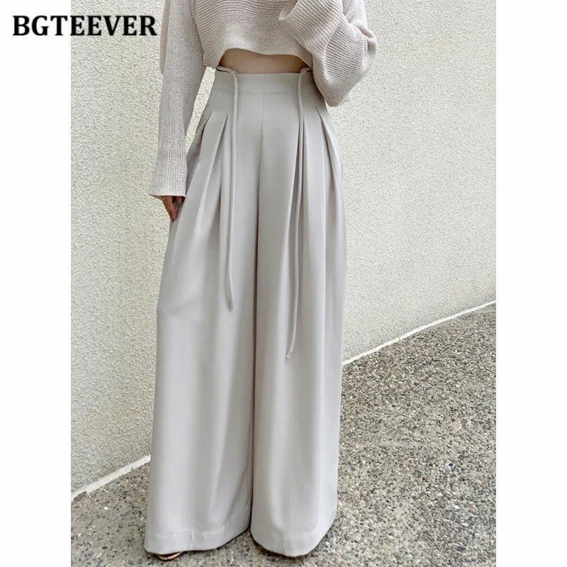 

BGTEEVER Stylish Loose Women Suit Pants Summer High Waist Lace-up Female Wide Leg Trousers