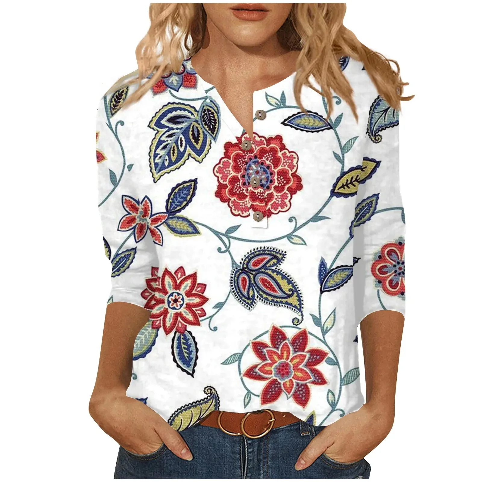 Women's Casual And Trendy Clothing 3d Flower Printed Lightweight Elastic Top Pullover With Round Neck And 3/4 Sleeves Wg23