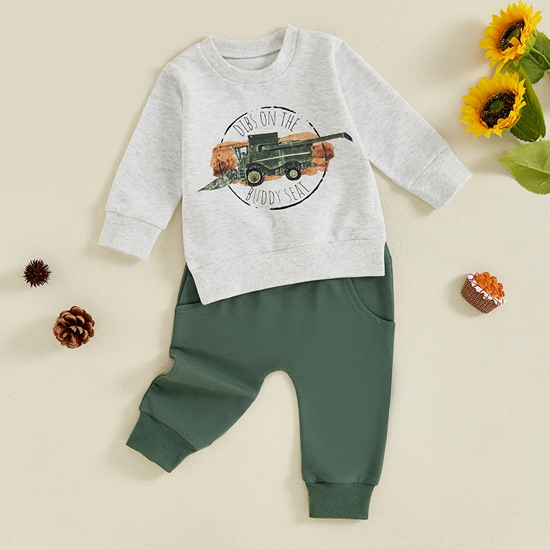 Toddler Baby Boy Farm Outfits Tractor Print Sweatshirt Elastic Waist Jogger Pants Set 2Pcs Country Fall Winter Clothes