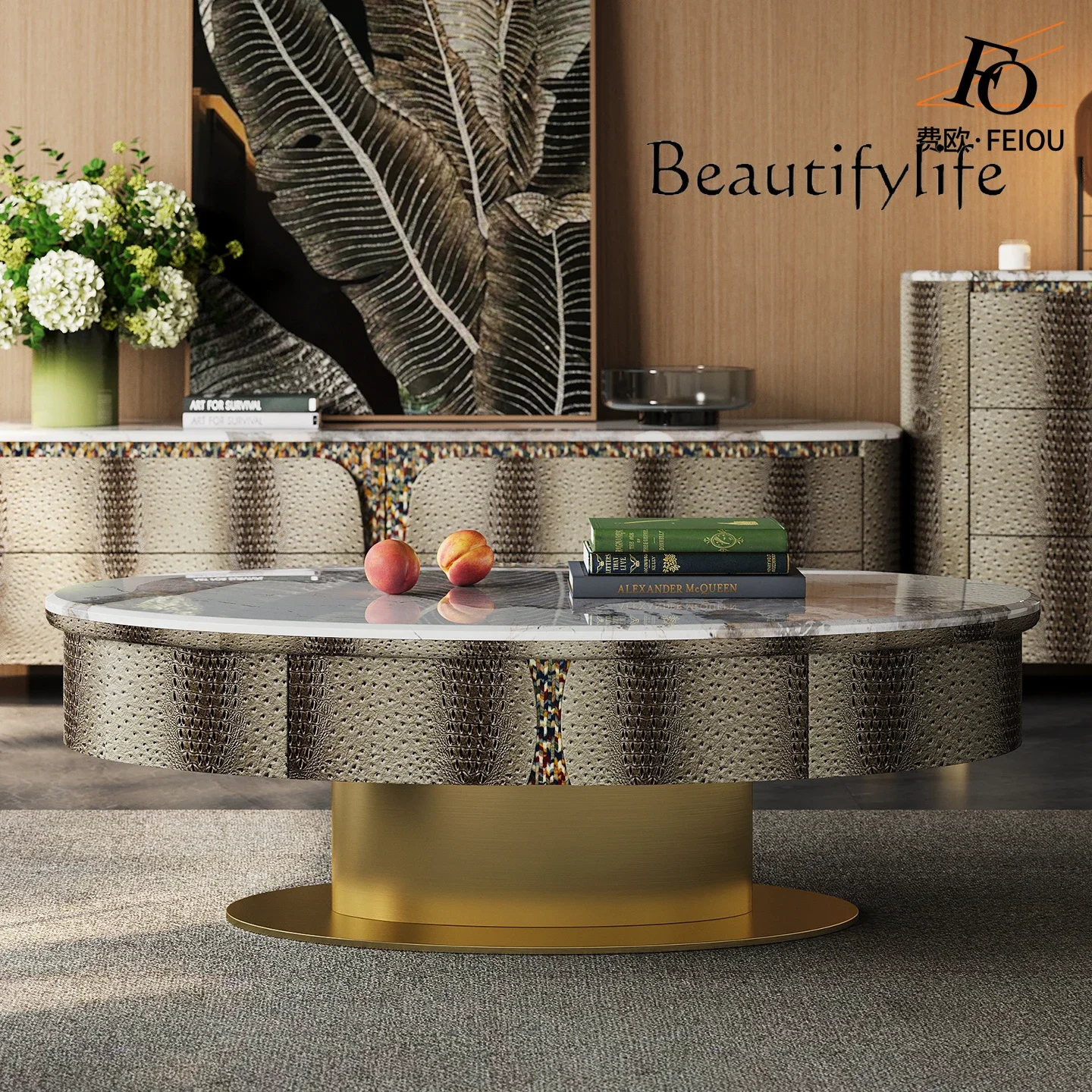 

Y Premium light luxury coffee table living room custom Italian mansion large flat floor fashionable marble oval tea machine