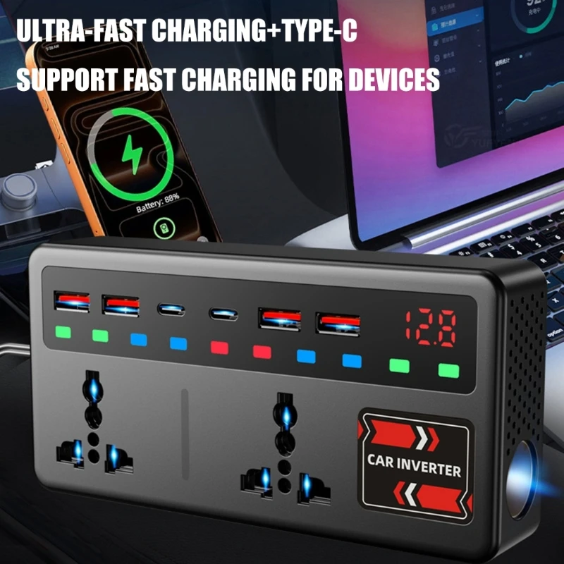 High Efficiency 200W Car Power Converter For Laptop Refrigerator Appliances Portable 12V to 110V / 24V to 220V Outlet Adapter