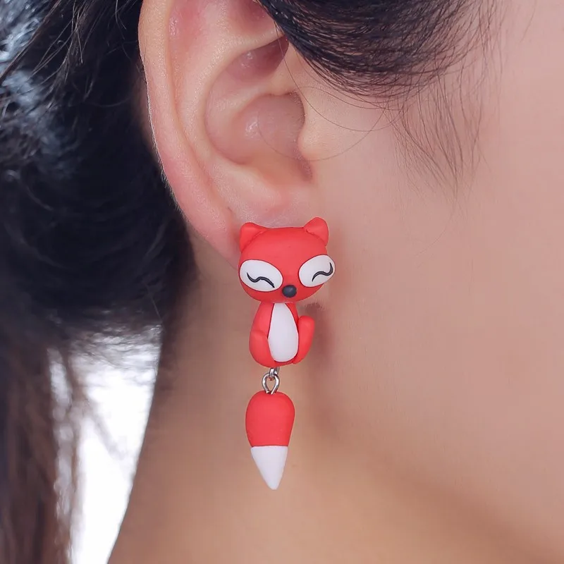Handmade Red Fox Polymer Clay Stud Earrings For Women 3D Animal Ear Jackets Front Back Piercing Jewelry Cute Cartoon Fox Earring