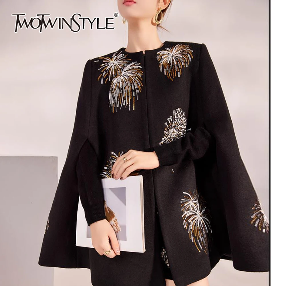 

TWOTWINSTYLE Solid Splied Sequines Jackets for Women O Neck Long Sleeve Minimalist Temperament Coat Female Fashion New