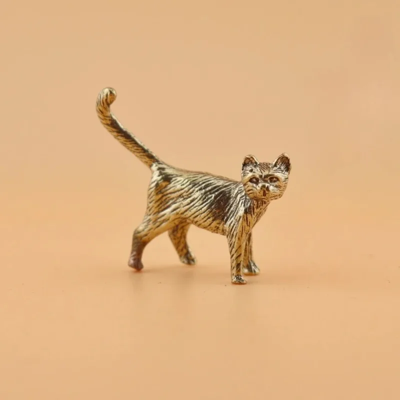 Creative Retro Brass Little Pet Cat Statue Interesting Mini Long-Tailed Cat Tabletop Ornament Miniature Home Decor Crafts Gift