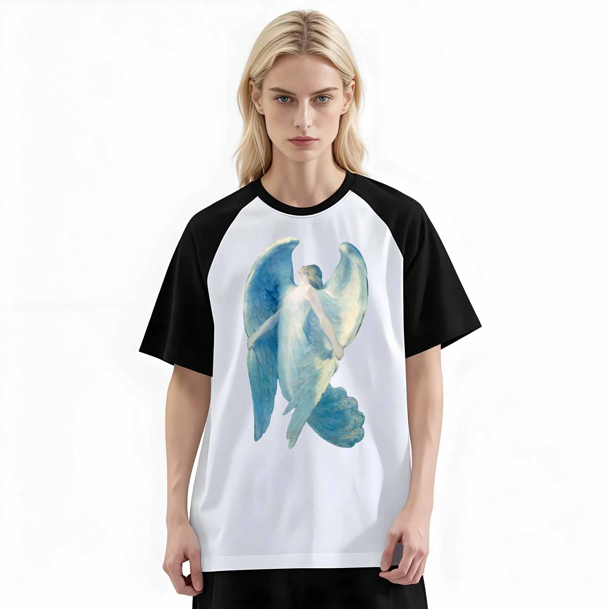 Women'S Fashion Raglan Sleeve T-Shirt, Vintage Oil Painting Pale Blue Angel Printed, Summer Casual Comfortable Tee, Women'S Everyday Short-Sleeve Top