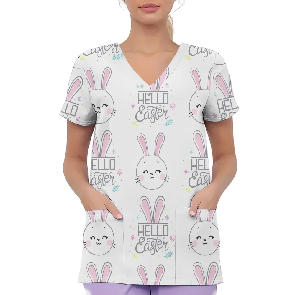 Damska bluzka medyczna z krótkim rękawem, dekoltem w serek i kieszenią, uroczy króliczek i jajko, letnia, codzienna, wygodna, z kieszeniami, odzież medyczna.