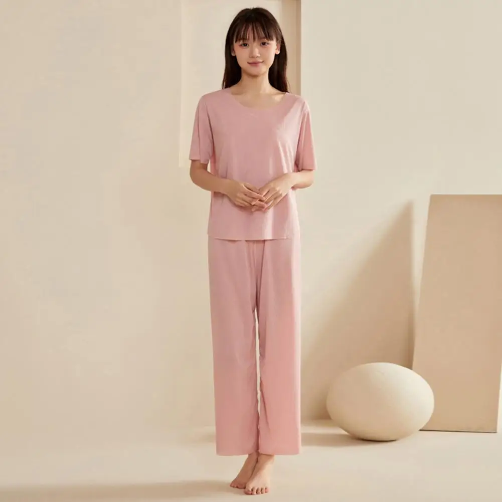2026 Women's Ice Silk Pajamas Set Short Sleeved Top Wide Leg Pants Sleepwear Set Summer Ultra Thin Two Piece Lounge Nightwear