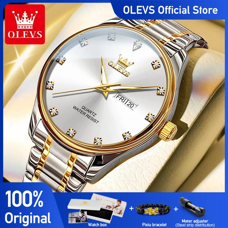 OLEVS 3612 Watches For Men   Zircon Scale  Stainless SteelQuartz Watch  Date Week Wristwatch Waterproof Luminous  Reloj Hombre