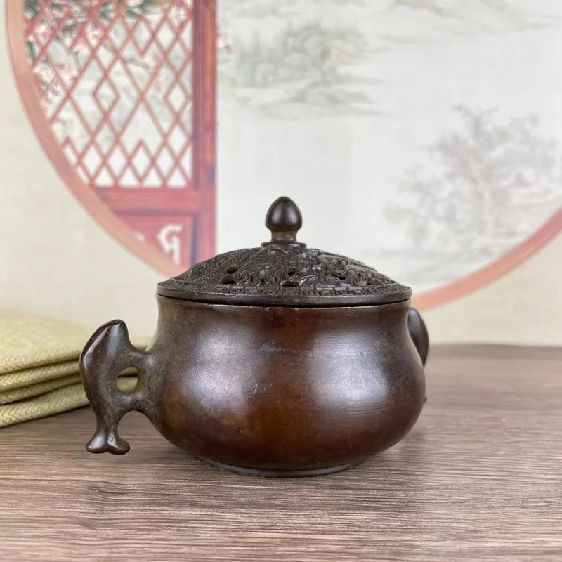 Antique Copperware from Rural Areas: Old Dragon and Phoenix Ming Dynasty Xuan De Furnace, Alloy Copper Double Fish Ear Ornam