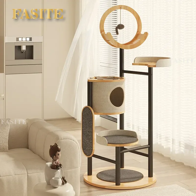 For Cat Climbing Frame Solid Wood Wrought Iron Rubber Wood Pet Toy Nest Scratching Post Blanket Multi-Cat Use Durable