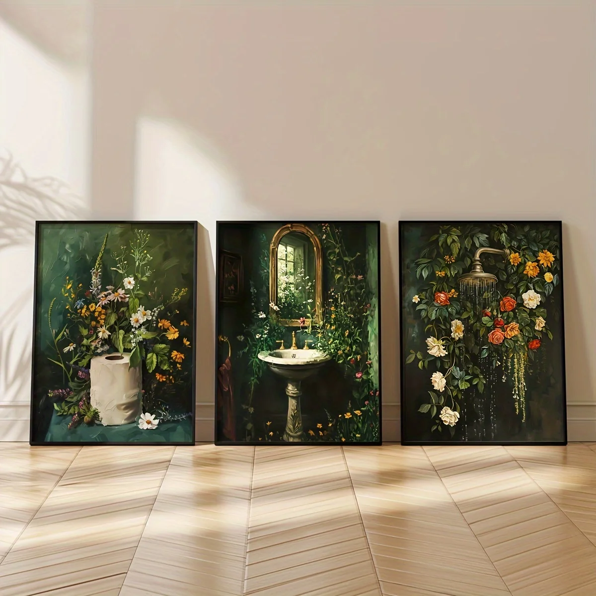 1/3pcs Dark Green Shower Sink Toilet Paper Roll Flower Bathroom Canvas Print Retro Plant Wall Art Poster for Modern Home Decor