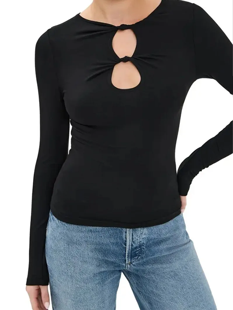 

Y2K Hot Girl Women’s Hollow-Out Twisted-Knot Solid-Color Long-Sleeve Tight-Fitting Top LD800141
