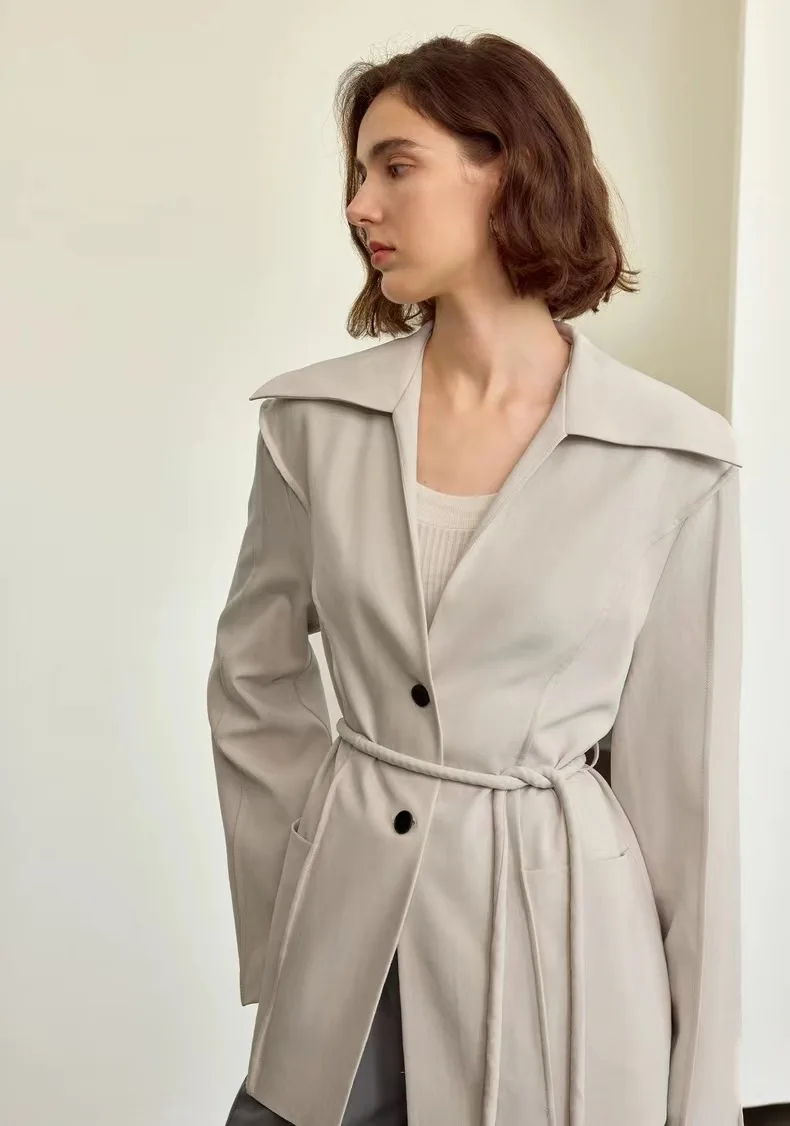 Autumn Women's Loose-Fit Blazer Coat with Waist Drawstring Tailored Sailor collar Long Sleeve Solid Color Blazer for Office