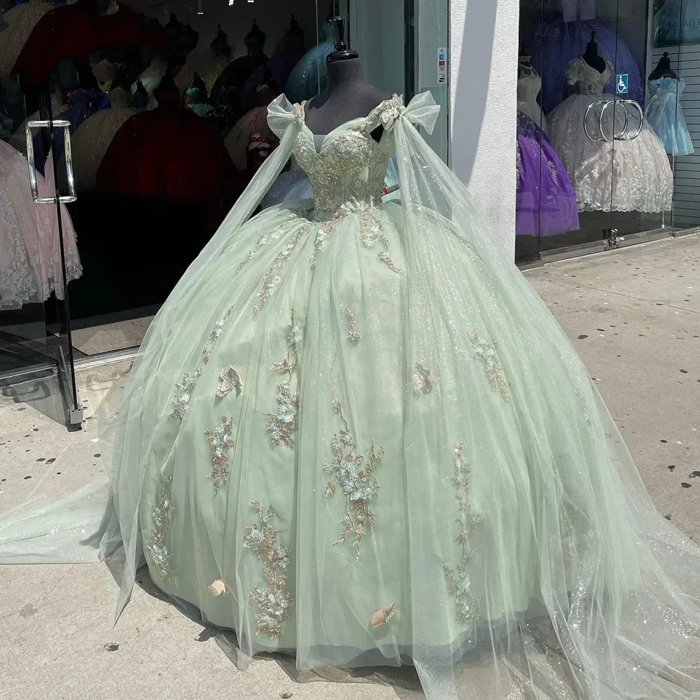 ANGELSBRIDEP-Vestidos De Quinceañera con cuentas De flores en 3D, traje verde menta con tirantes finos, 15 Vestidos