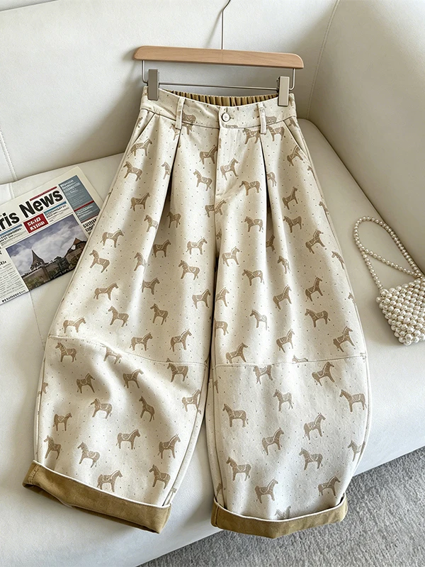 

High Waist Loose Wide Leg Jeans Women's Summer New Style Print Comfortable Breathable Casual High Waist Slimming Jeans