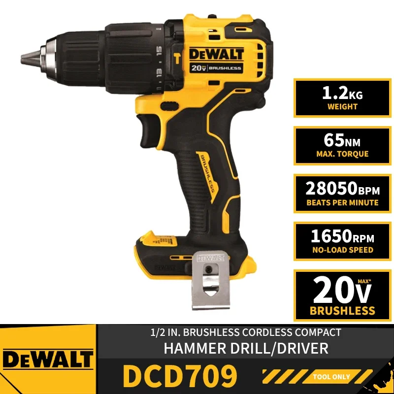 DEWALT DCD709 1/2in Brushless Cordless Compact Hammer Impact Drill Driver Electric Screwdriver 20V Lithium Power Tools 1650RPM