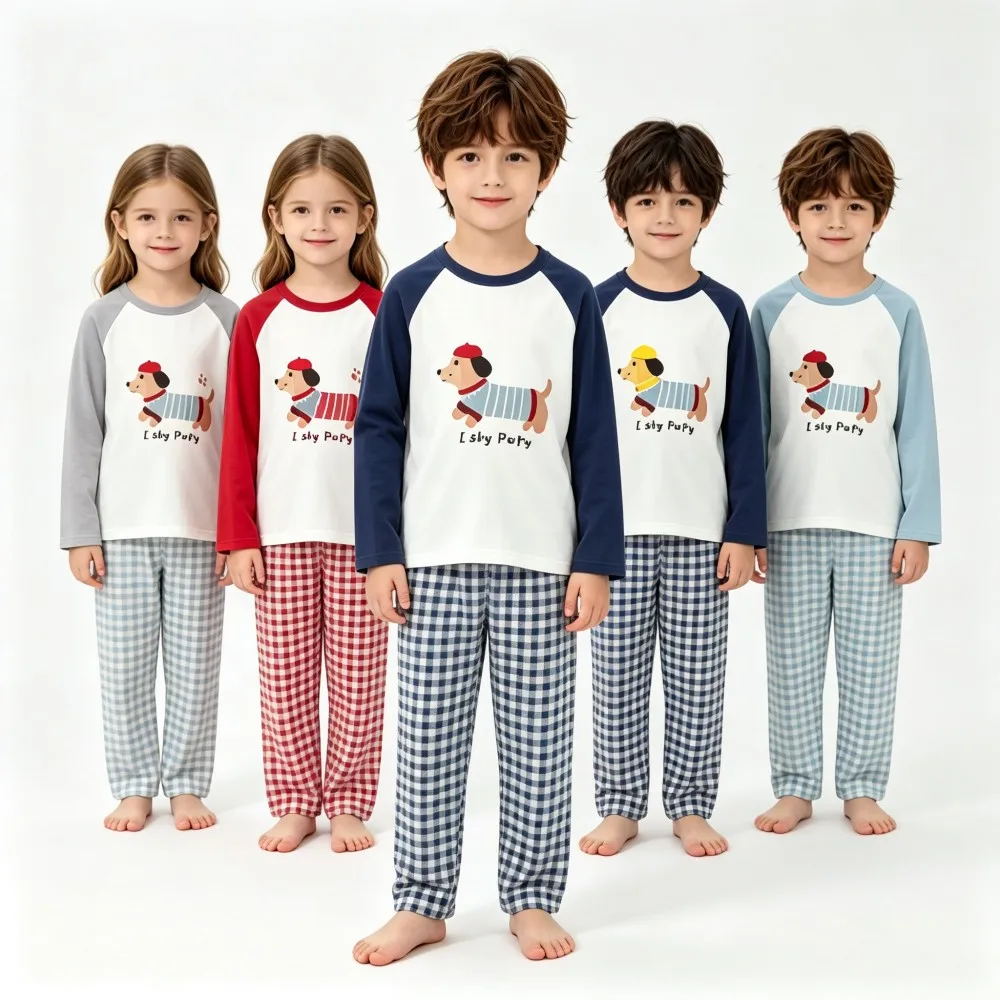 Teen Boys Modal Sleepwear Set Cartoon Dog Print Long‑Sleeve T‑Shirt Plaid Pants 2pcs Outfits Kids Soft Homewear Girls Pajamas