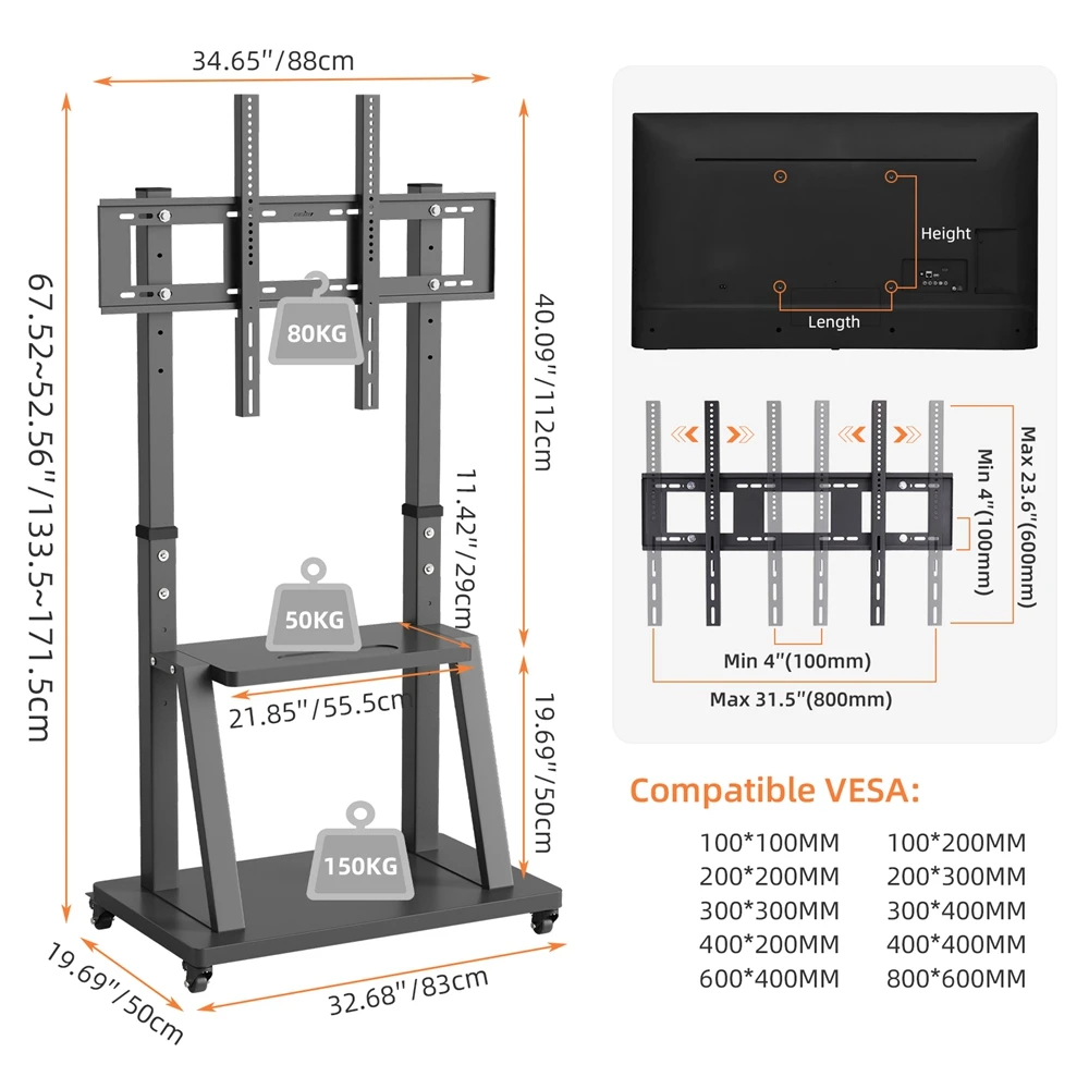 UNHO Tall TV Cart Mobile TV Stand with Mount Adjustable Height, Lockable Casters for Extra Large Flat Panel Screen up to100 Inch