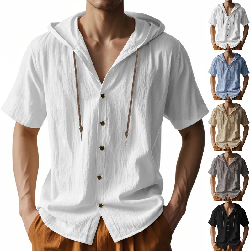 Lightweight Breathable American Style Men's Short Sleeve Shirt Loose Fit Linen Casual Wear Summer Thin Shirt with Hood