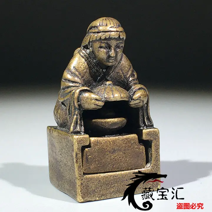 Old Tibetan Returned Authentic Pure Copper Seal Liu Hai Xi Jin Chan Carved Antique Old Object Collectible