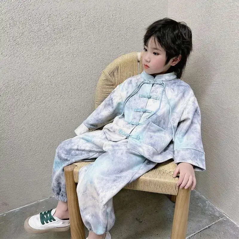 

Boys' Sets Chinese Style Tang Hanfu Clothing Autumn Spring Frog Jacket Pants Two-piece Suits Tie-dyed Colorful Children's Sets