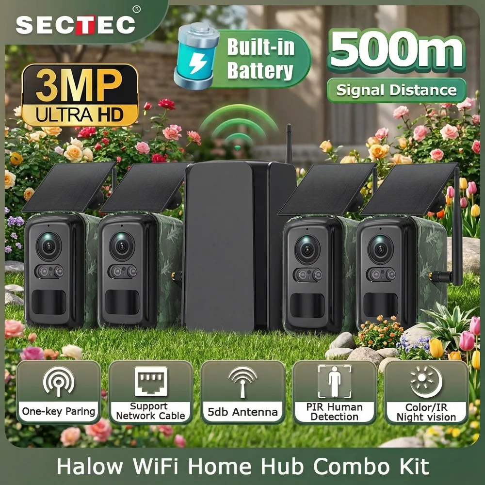 SECTEC HomeBase 4 Camouflage Solar Security Camera Outdoor Wireless 500M WiFi Home Security Camera Systems 2K HD No Monthly Fee