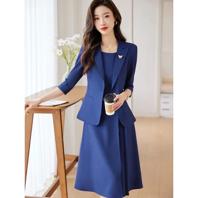 Office Lady Slim Dress 2 Piece Set Elegant Blazer Jacket+Tank Midi Vestidos Tracksuit Plus Size 4xl Women Dresses Conjuntos N322