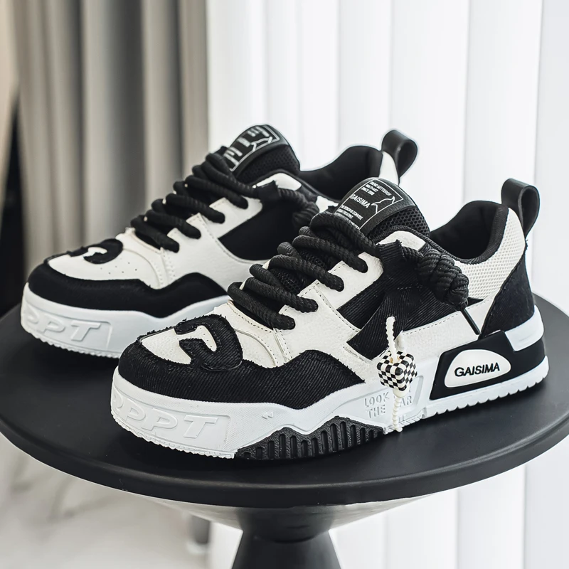 Fashion Men Thick Sole Skate Shoes Canvas Splicing Lace‑Up Platform Casual Sports Footwear 39‑48