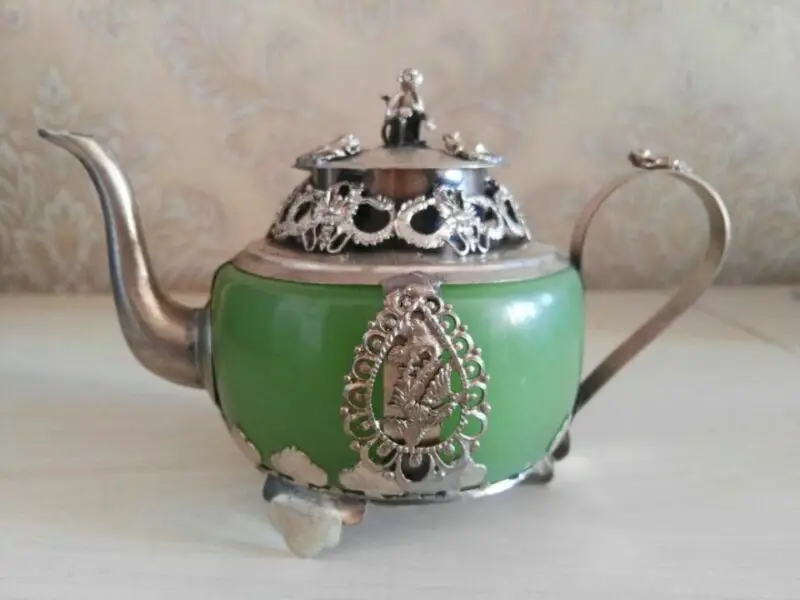 

Oriental Handwork Green Jade Armoured Tibetan Silver Monkey Teapot