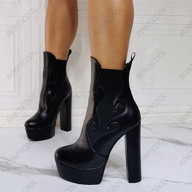 Ronticool New Fashion Women Winter Platform Ankle Boots Square High Heels Round Toe Black White Festival Shoes Plus US Size 5-20